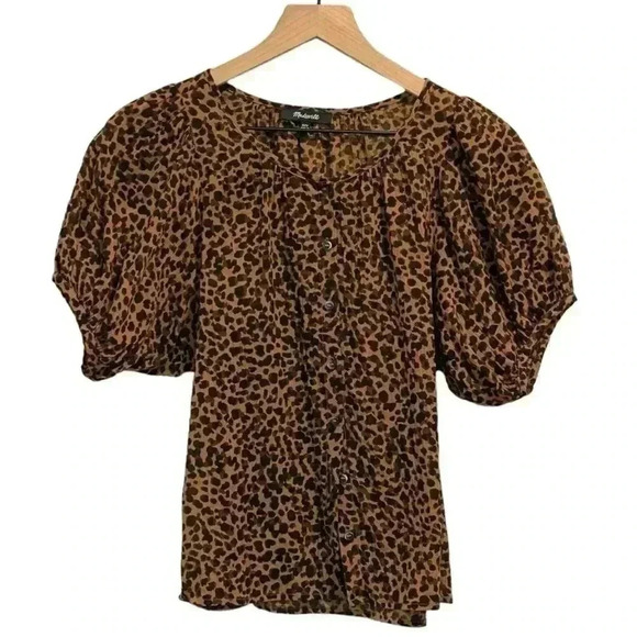 Madewell Leopard Print Button Down Puff Short Sleeve Blouse, Scoop Neck, Sz XXS - Picture 2 of 11